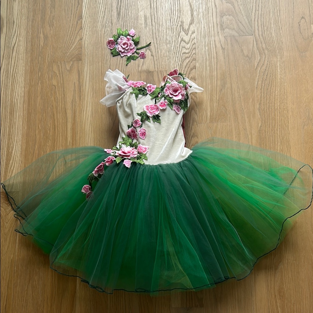 Green and White Dance Costume with Floral details and green Tutu